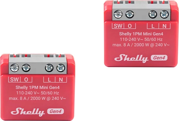 Shelly 1PM Mini Gen4 – set van 2 stuks slimme relais met verbruiksmeting (Wi‑Fi/Zigbee/Bluetooth, Matter)