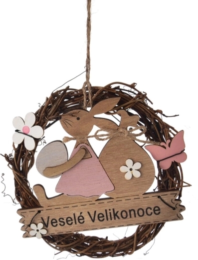 Decoratieve paaskrans van wilgentenen en hout ‘Fijne Pasen’ 15 cm