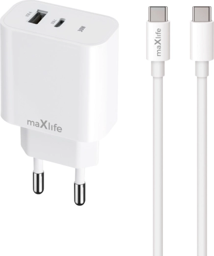 Maxlife snellader 30 W met USB‑C en USB + USB‑C – Lightning‑kabel