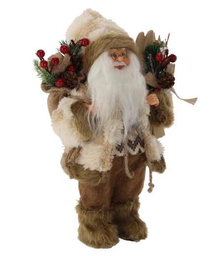 Staande beige kerstman met ski's, 30 cm