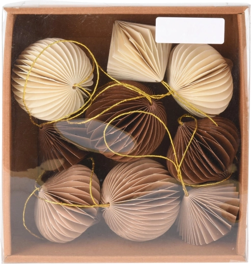 Hangende papieren decoratie 6 cm – mix van vormen (bol, ui, diamant), set van 9 stuks