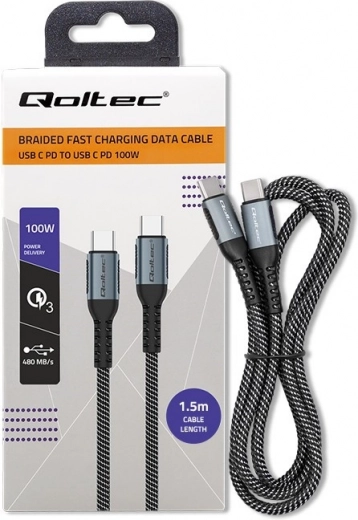 Gevlochten USB‑C naar USB‑C kabel 100 W, 1,5 m – QOLTEC
