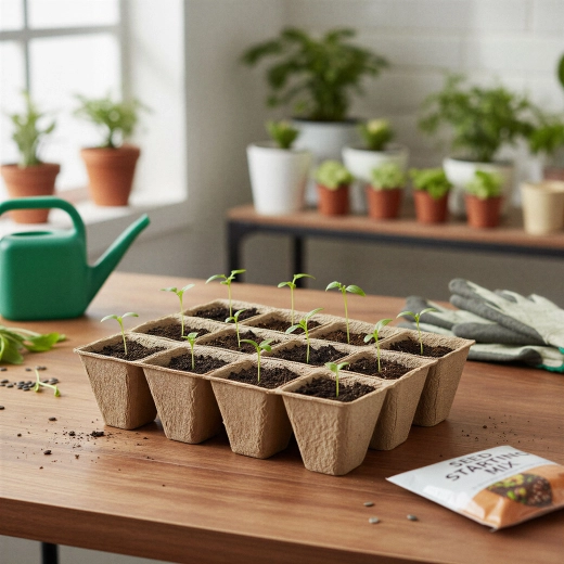 Kweekbakje met papieren bloempotjes, 4 stuks