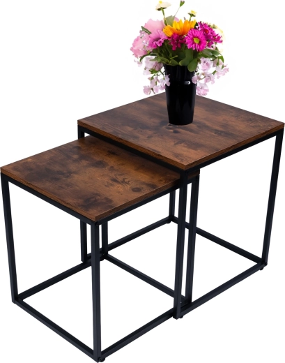 Moderne set vierkante salontafels 2-in-1 in loft/industrieel stijl, antiek eiken