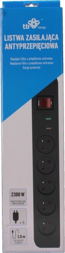 Energy overspanningsbeveiligde stekkerdoos met 5 stopcontacten en een kabel van 3 m