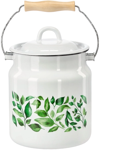 Geëmailleerde melkkan 3,3 l met houten handgreep, wit met ficusmotief