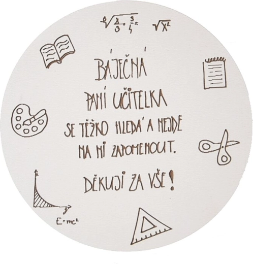 Houten onderzetter met opschrift „Juf”, diameter 10 cm