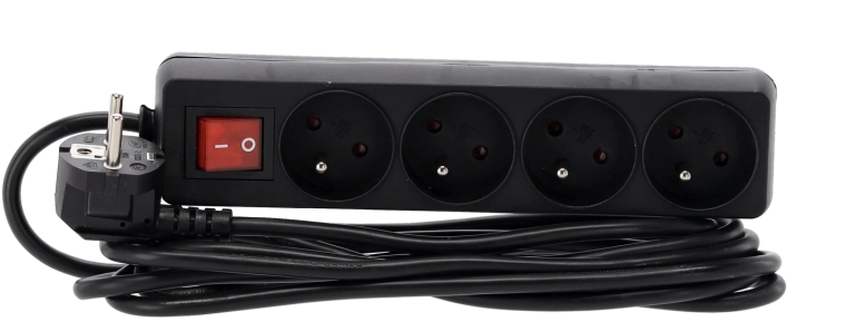 Overspanningsstekkerdoos met schakelaar, 4 stopcontacten, 3 m, zwart