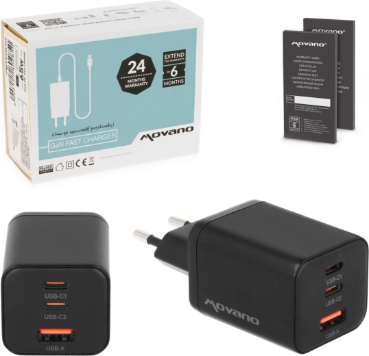 Movano GaN-oplader 65 W 2× USB-C PD + USB-A, zwart