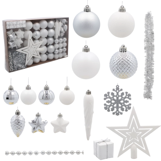 Set van 60 kerstversieringen – zilver en wit