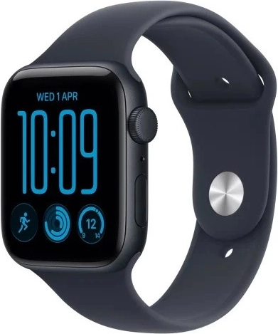 Apple Watch SE 3 GPS 44 mm met aluminium behuizing in middernachtkleur en donkerblauwe sportband M/L