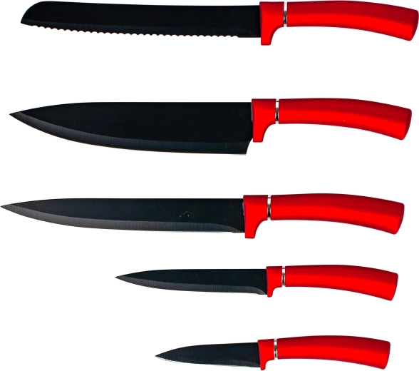 Set keukenmessen Kitchisimo met antiaanbaklaag, 5 stuks, rood