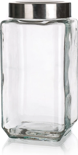 Glazen vierkante AKCENT pot 1 l met roestvrijstalen deksel