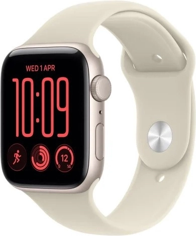 Apple Watch SE 3 GPS 44 mm met aluminium kast in maanlichtkleur en sportbandje in zandkleur M/L