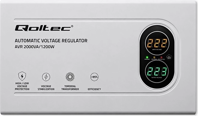 Qoltec automatische spanningsstabilisator AVR 2000VA / 1200W met ringkerntransformator