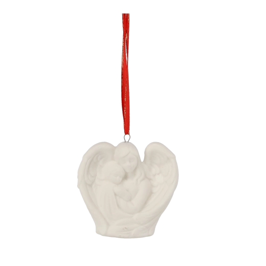 Keramische engelenfiguur met vleugels en ophanglint, wit, 7 cm