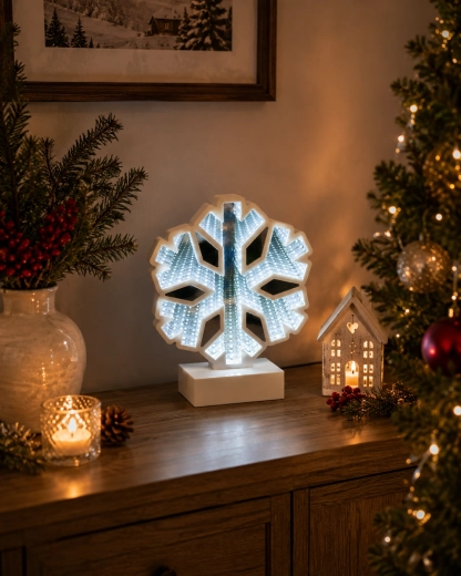 Kerst 3D-decoratie – sneeuwvlok met oneindig spiegeleffect (Infinity) LED - 1 stuk