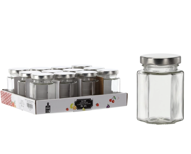 Zeshoekige glazen pot 110 ml met metalen deksel (verpakking 12 stuks)