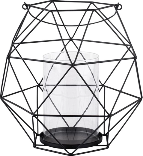 Zwarte metalen kandelaar met handvat en glazen inzet in geometrisch design 22 × 22 × 22 cm