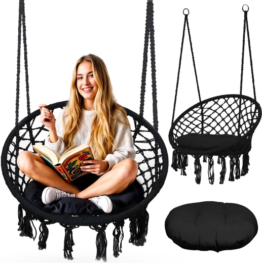 Hangstoel boho zwart met kussen