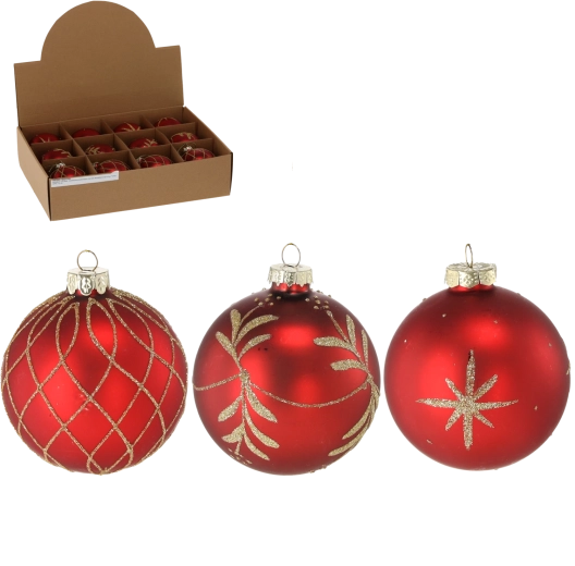 Glazen kerstbal 8 cm mat rood, mix van patronen (12 stuks)
