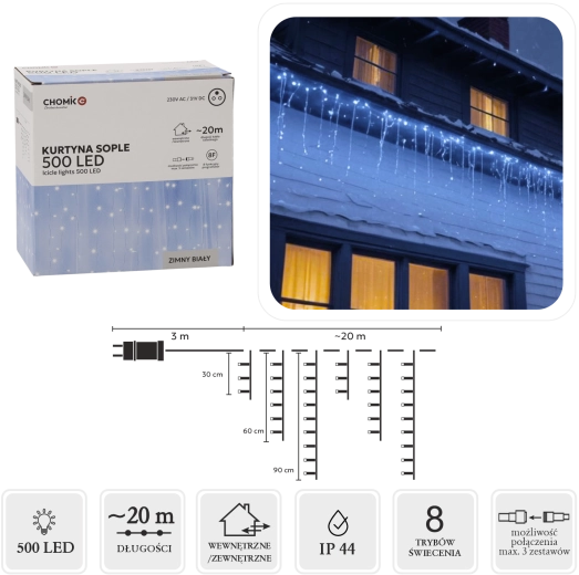 Lichtgordijn ijspegels 500 LED koudwit 23 m