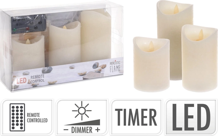 Set LED-kaarsen met afstandsbediening en timer, ivoor (3 stuks)
