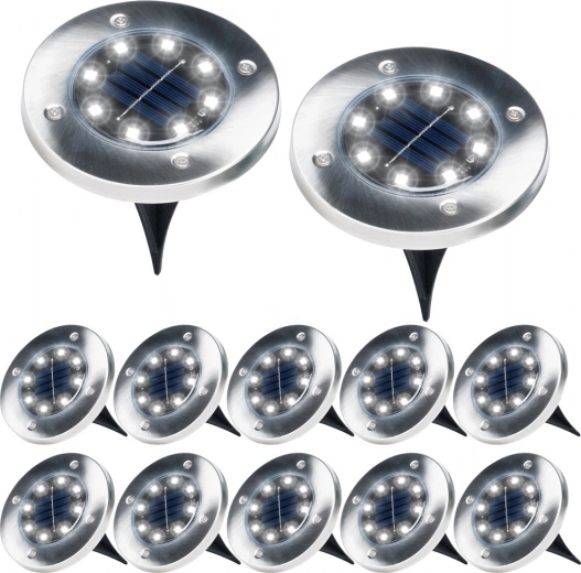 Zonnestroom ingegraven LED tuinverlichting van roestvrij staal, 12 stuks, diameter 11,5 cm