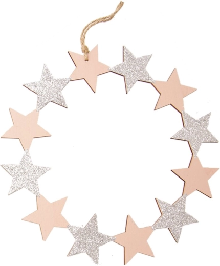 Hangende houten krans met sterren roze 23 cm