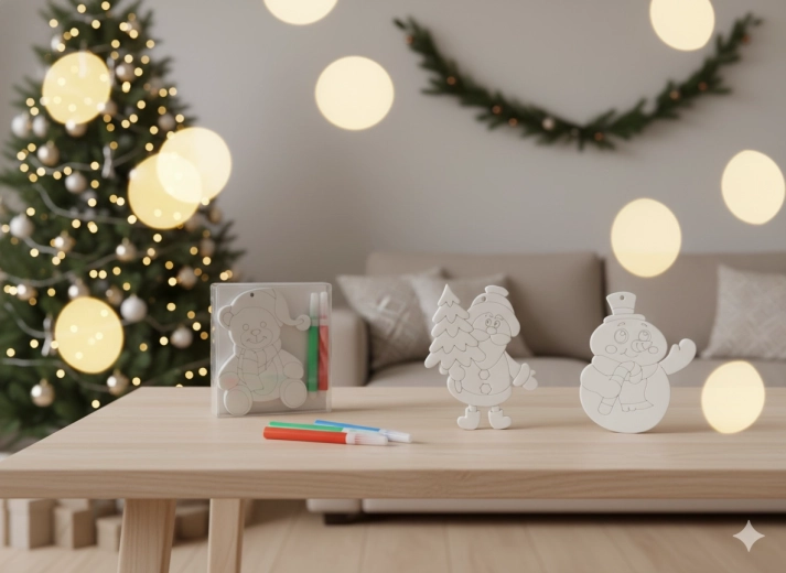 Set kerstornamenten om in te kleuren met 4 stiften – sneeuwman, beertje en Santa