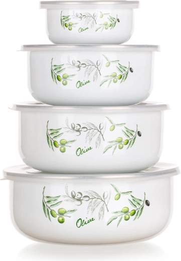 Set geëmailleerde kommen met deksels OLIVES, 4 stuks (10–18 cm)