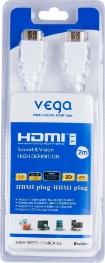 Vega HDMI-kabel 3D, vergulde connectoren, 2 m, wit