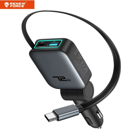 Autolader Renew Force 3-in-1 72 W met intrekbare USB-C-kabel (75 cm) - 1 stuk