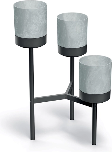 Driedelige metalen plantenstandaard met grijze bloempotten 54 cm