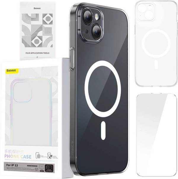 Baseus Magnetic Crystal Clear hoesje voor iPhone 13 met gehard glas en reinigingsset