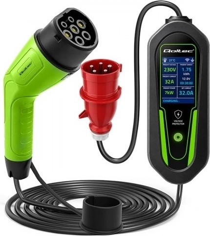 Draagbare oplader voor elektrische auto’s en hybrides Qoltec Type 2, 7 kW, 230 V, CEE 32 A, Wi‑Fi