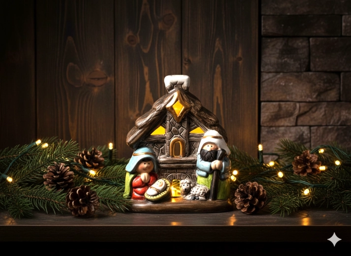 Kerststal huisje met LED-achtergrondverlichting 10 × 6,6 × 12 cm