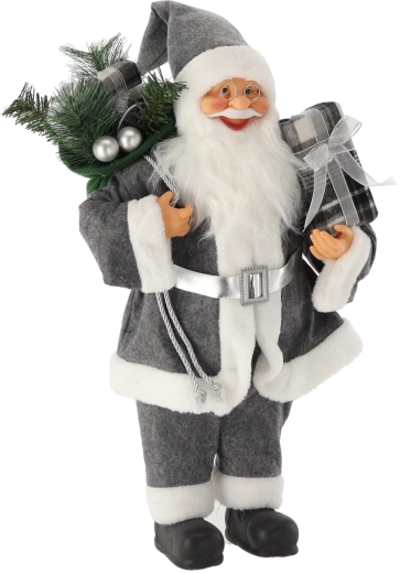 Staande grijze kerstman met zak 60 cm