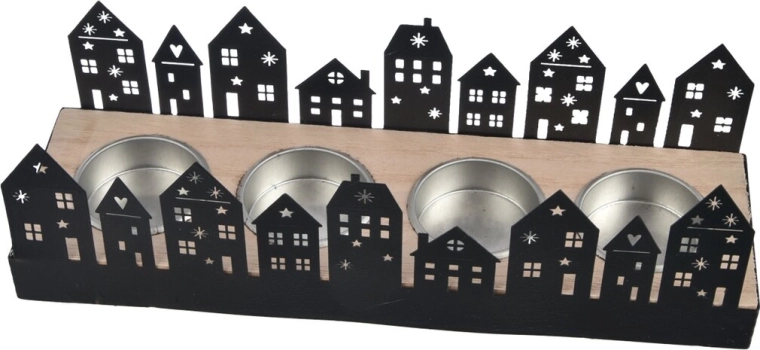 Zwarte metalen kandelaar met huisjesmotief