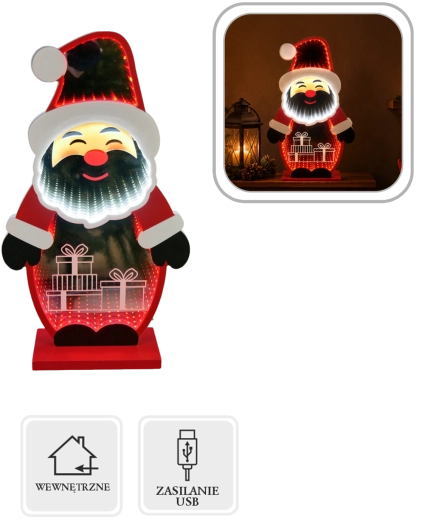 Kerstdecoratie met 3D-effect, Santa Claus, met LED en oneindig-spiegeleffect