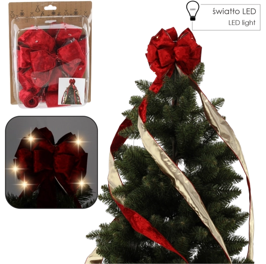 Rode fluwelen kerstsstrik met LED-verlichting voor de boomtop 1,8 m