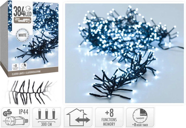 Kerst LED lichtsnoer 3 m, koud wit, 384 LED’s, 8 modi met timer