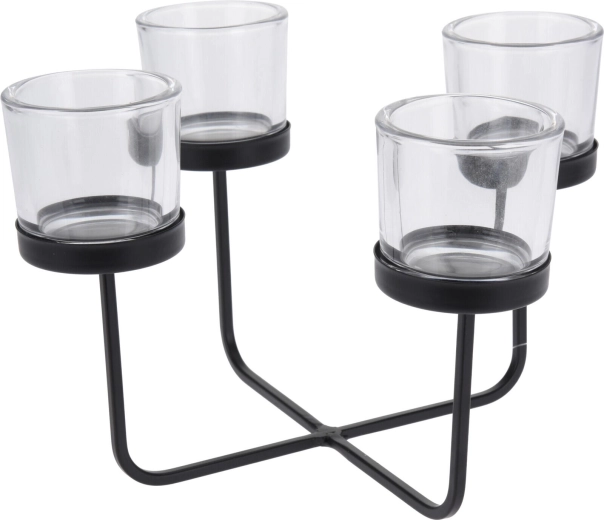 Vierarmige kandelaar van metaal en glas, zwart