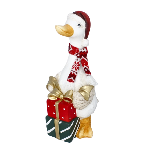 Kerst decoratief beeldje gans met cadeautjes