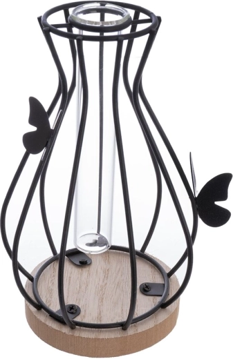 Houten en metalen vaas met vlindermotief, zwart