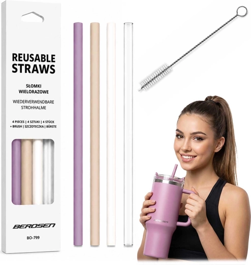 Berdsen plastic herbruikbare rietjes voor beker – set van 4 stuks + reinigingsborsteltje