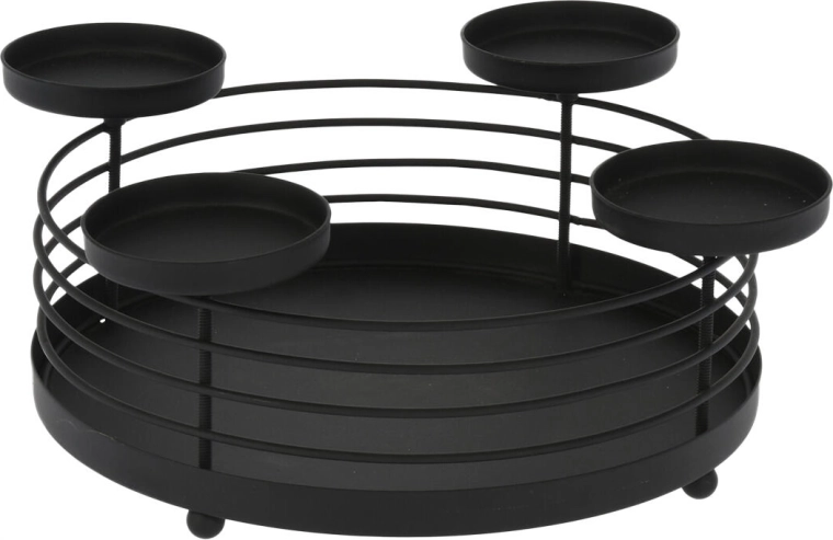 Ronde metalen kandelaar voor 4 kaarsen, zwart, diameter 32 cm