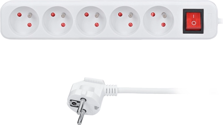 Solight verlengsnoer met 5 stopcontacten, 2 m, met schakelaar, wit