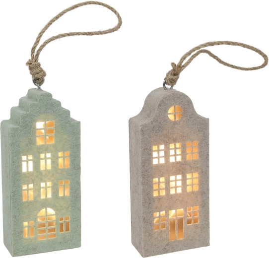 Kersthangdecoratie – vilten huisje met LED, 14,5 cm