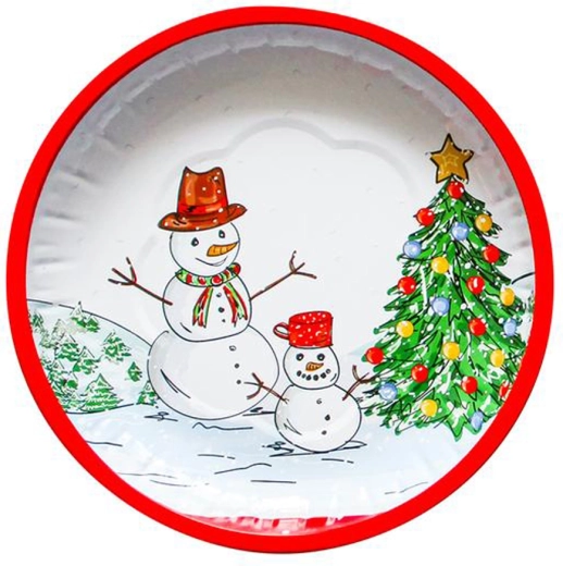 Kerst ronde metalen dienblad Sneeuwman 26 cm